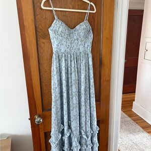David's Bridal Light Blue Floral Ruffle Maxi Wedding Guest Garden Party Dress